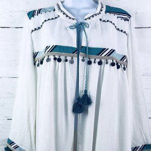 Chicos Tassel Tie Boho Jacket Large Embellished Lined Tunic $109 NWT A2